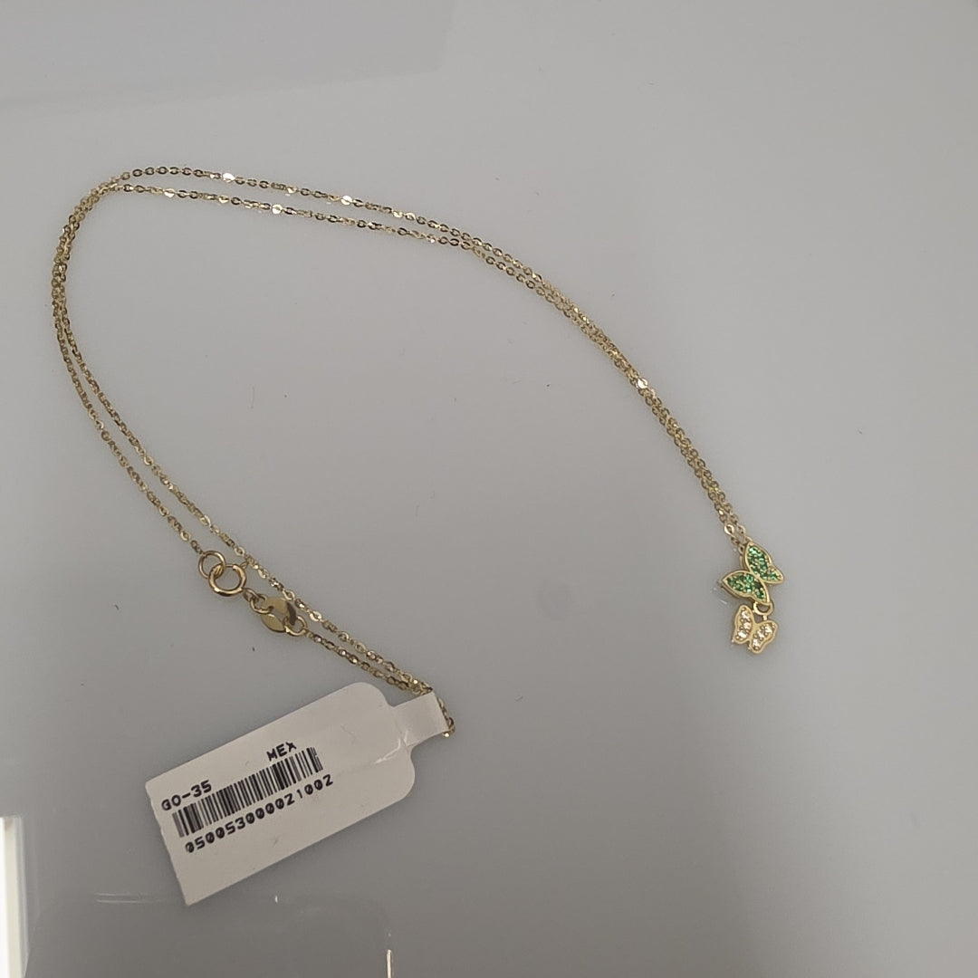 CADENA TEJIDO GARGANTILLA CON DIJE MARIPOSAS CIRCONIAS Y PIEDRAS DE COLOR 14K 45 CM 2 GR (NUEVO)