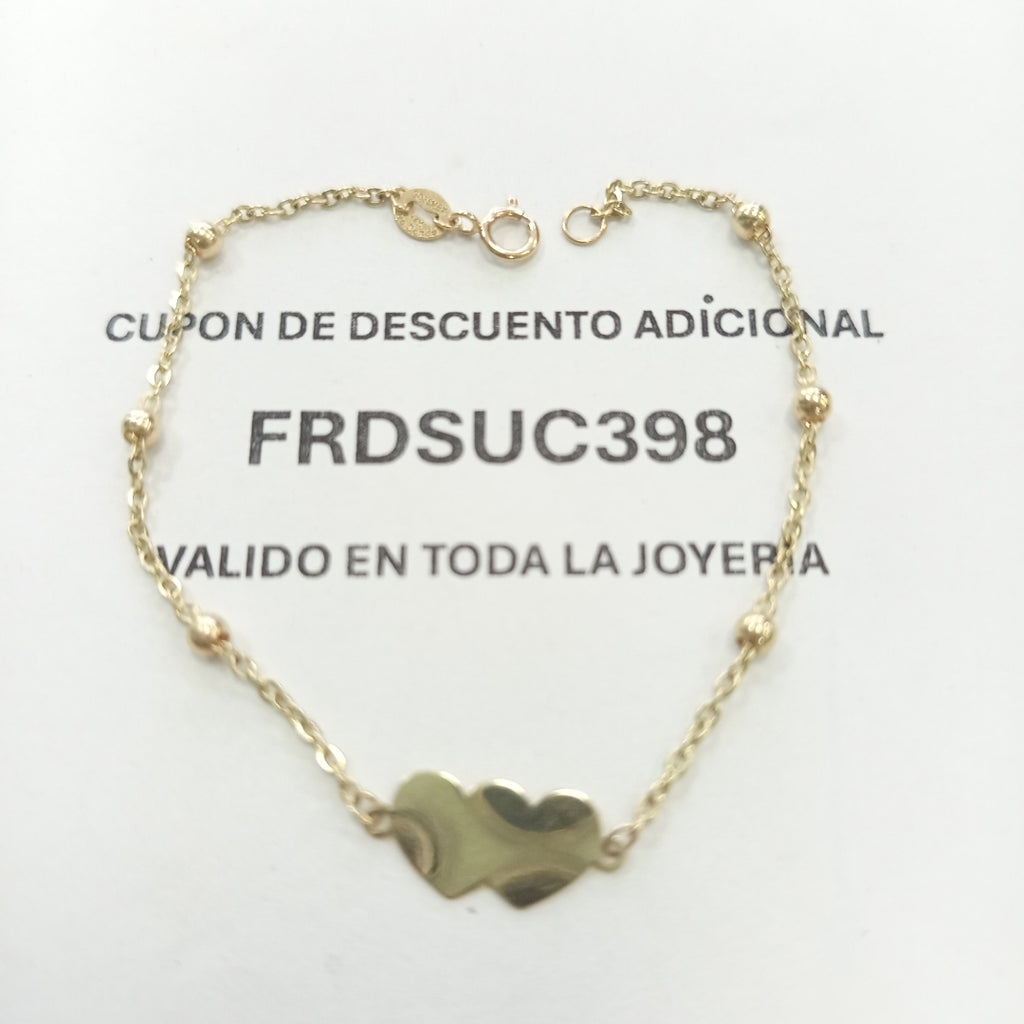 PULSERA TEJIDO ESPECIAL CON DOS CORAZONES 14K 18 CM 1.7 GR (NUEVO)