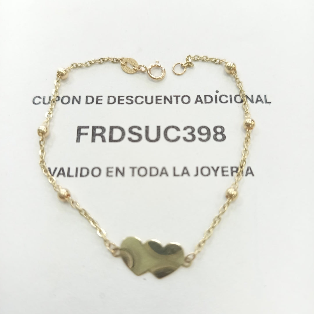PULSERA TEJIDO ESPECIAL CON DOS CORAZONES 14K 18 CM 1.7 GR (NUEVO)