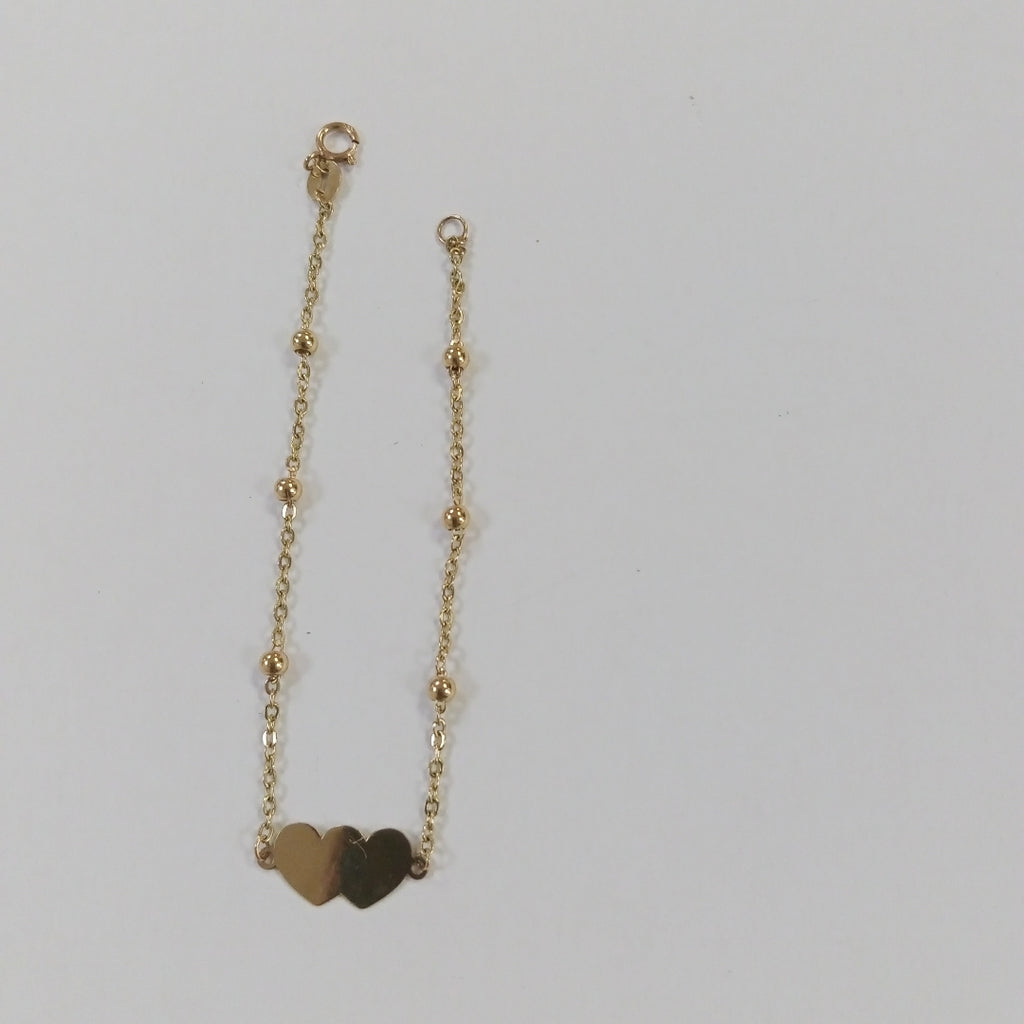 PULSERA TEJIDO ESPECIAL CON DOS CORAZONES 14K 18 CM 1.7 GR (NUEVO)