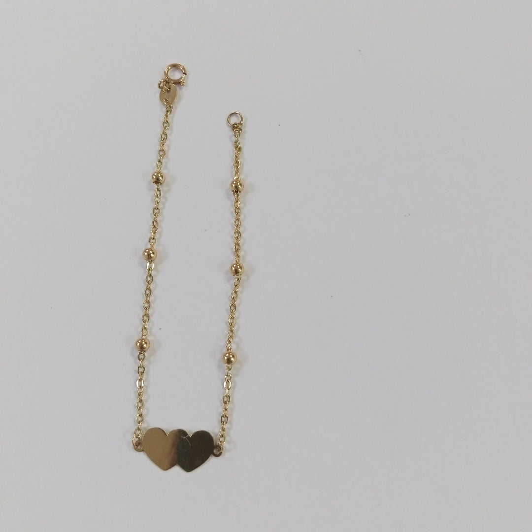 PULSERA TEJIDO ESPECIAL CON DOS CORAZONES 14K 18 CM 1.7 GR (NUEVO)