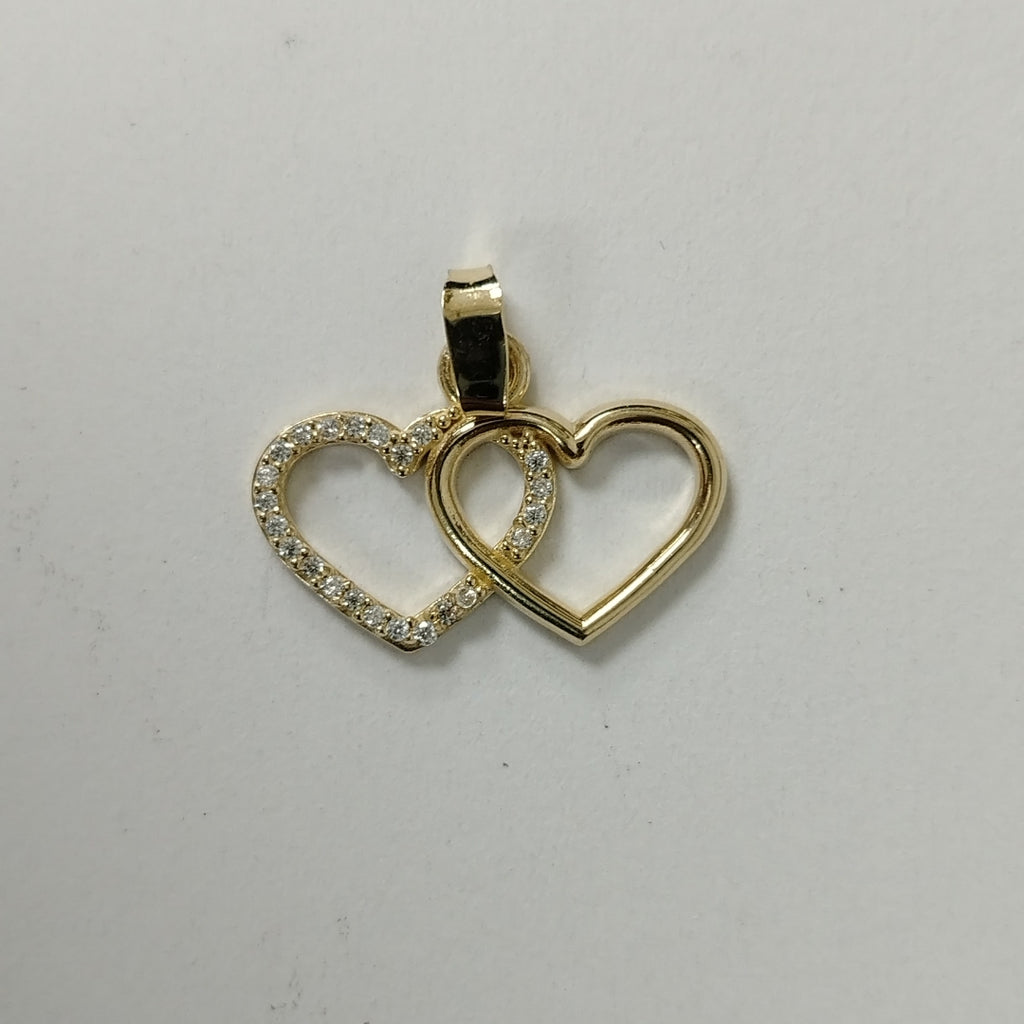 DIJE TEJIDO DOS CORAZONES CON CIRCONIAS 14K 1.4 GR (NUEVO)