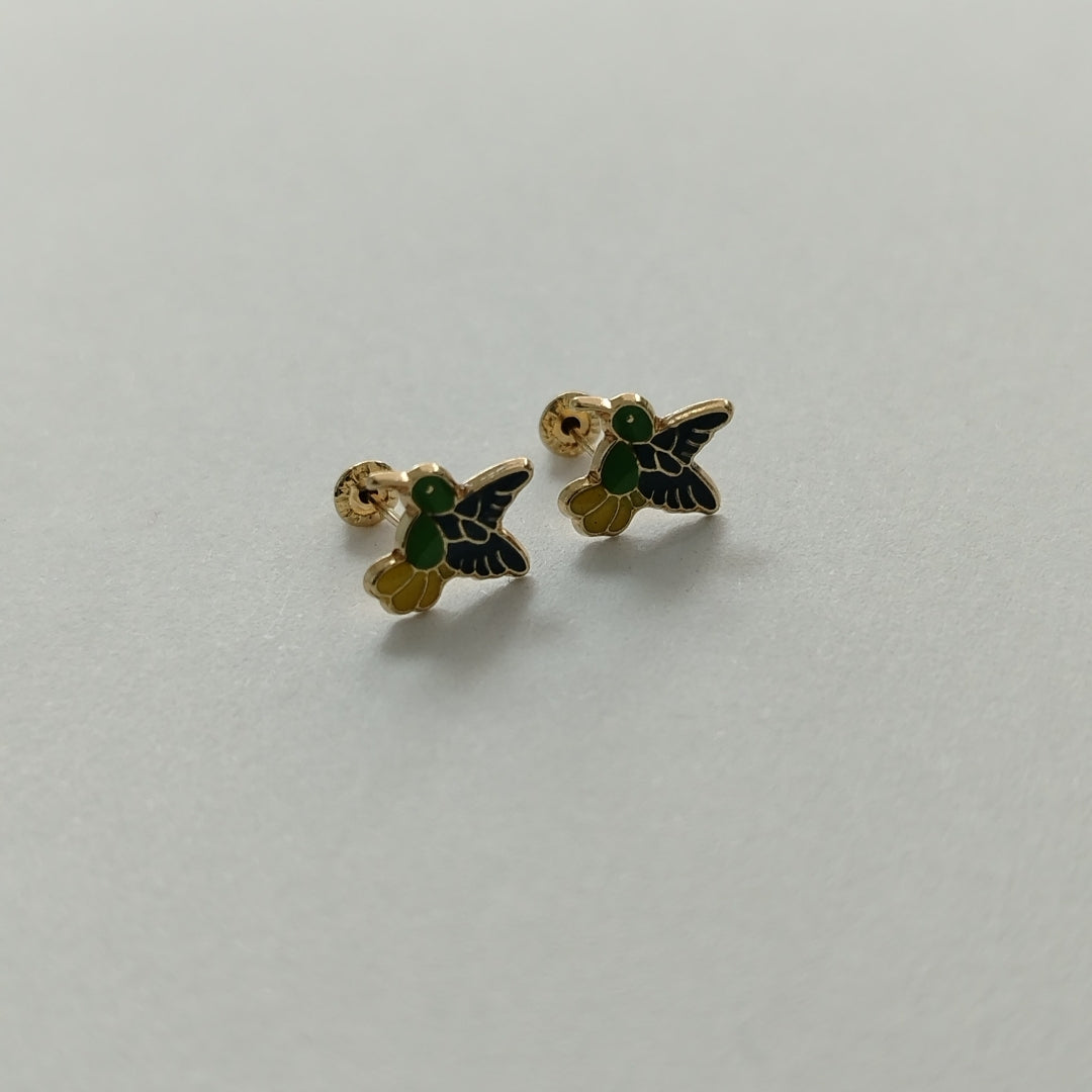 BROQUELES BROQUEL FIG COLIBRI ESMALTE VERDE 14K 0.2138 GR (NUEVO)