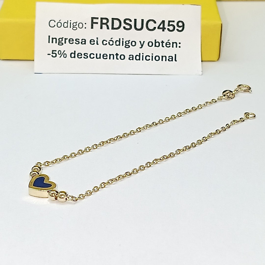 PULSERA TEJIDO ESPECIAL CON FIGURA CORAZON CON ESMALTE AZUL 14K 18 CM 1.9 GR (NUEVO)