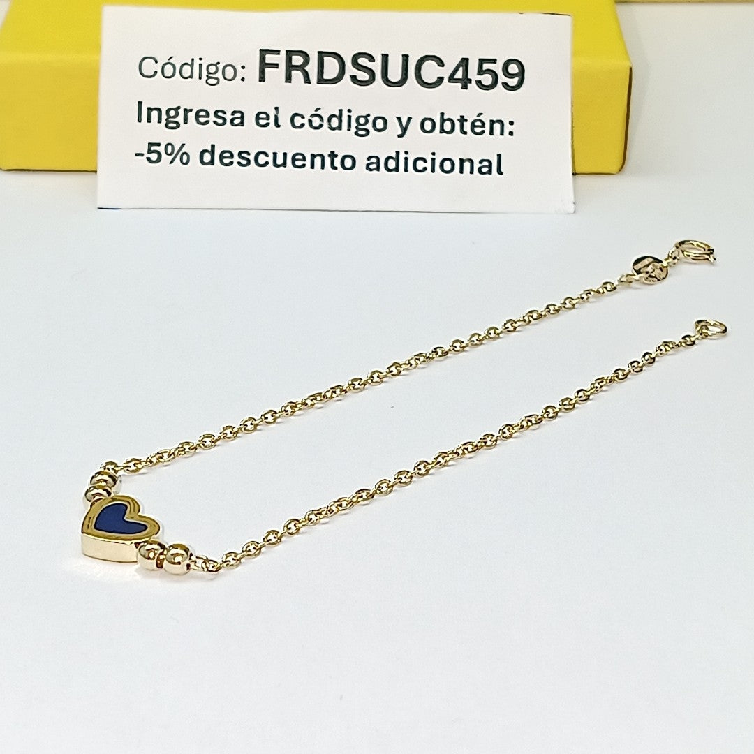 PULSERA TEJIDO ESPECIAL CON FIGURA CORAZON CON ESMALTE AZUL 14K 18 CM 1.9 GR (NUEVO)