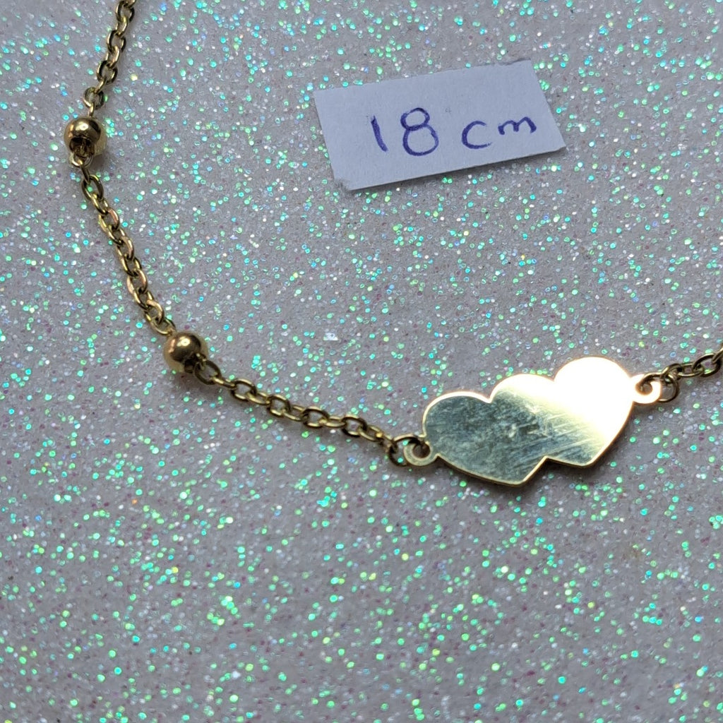 PULSERA TEJIDO ESPECIAL CON DOS CORAZONES 14K 18 CM 1.7 GR (NUEVO)