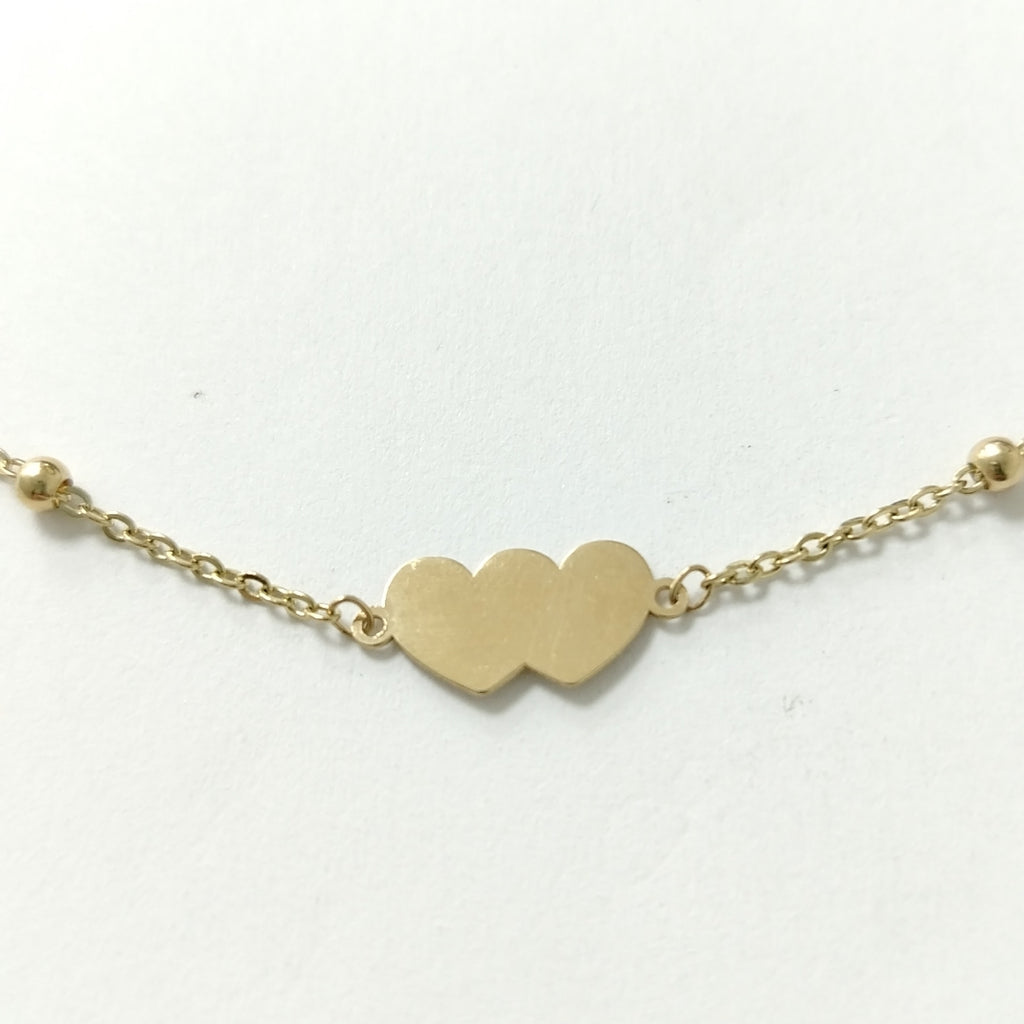 PULSERA TEJIDO ESPECIAL CON DOS CORAZONES 14K 18 CM 1.7 GR (NUEVO)