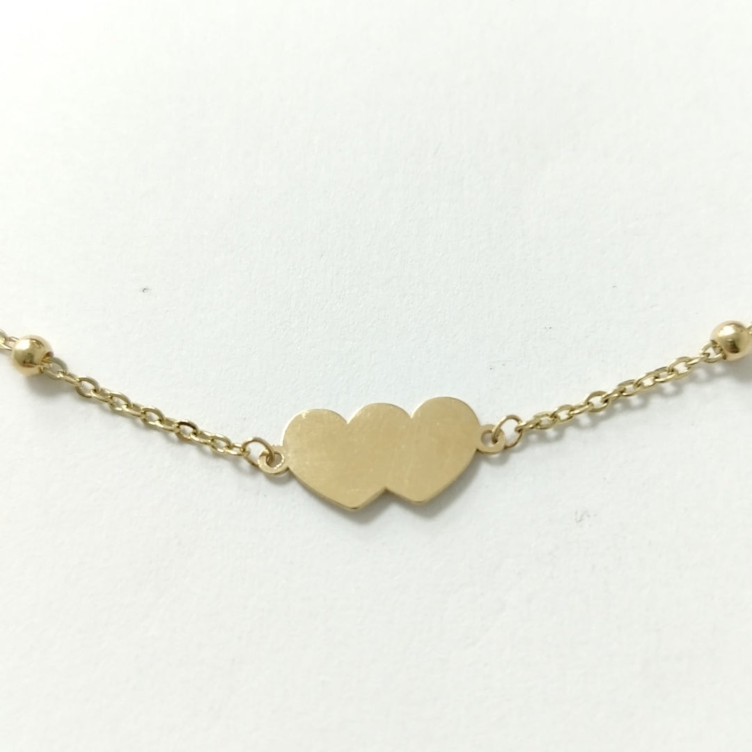 PULSERA TEJIDO ESPECIAL CON DOS CORAZONES 14K 18 CM 1.7 GR (NUEVO)