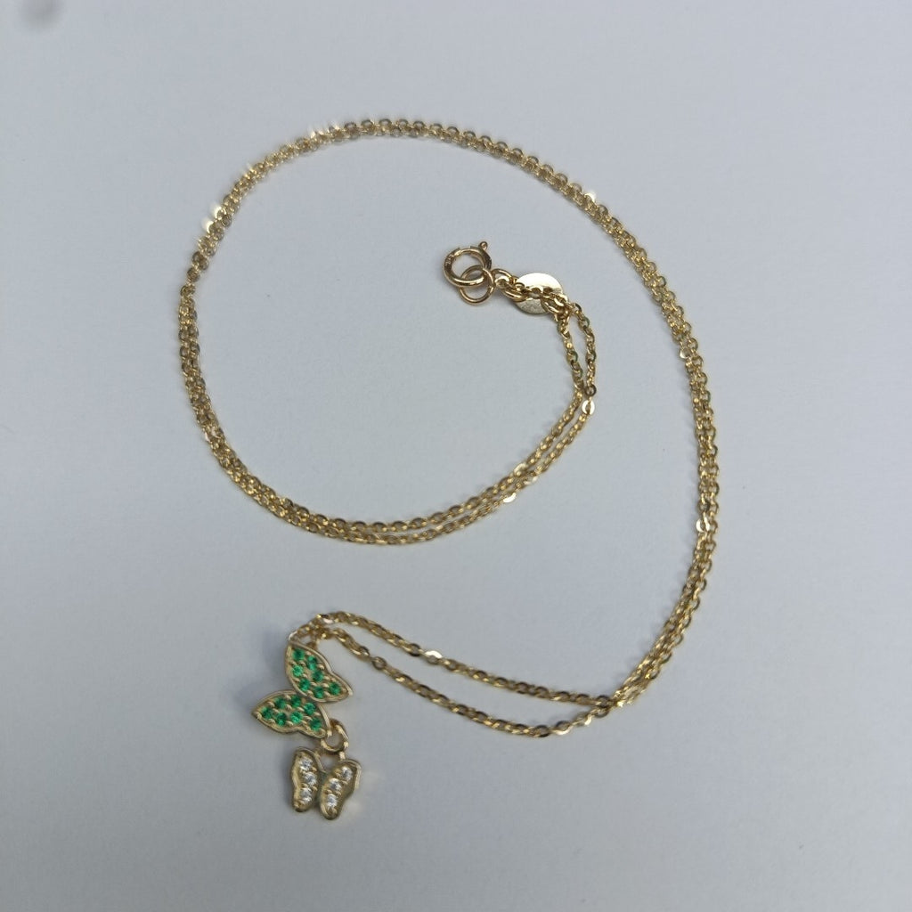 CADENA TEJIDO GARGANTILLA CON DIJE MARIPOSAS CIRCONIAS Y PIEDRAS DE COLOR 14K 45 CM 1.9 GR (NUEVO)