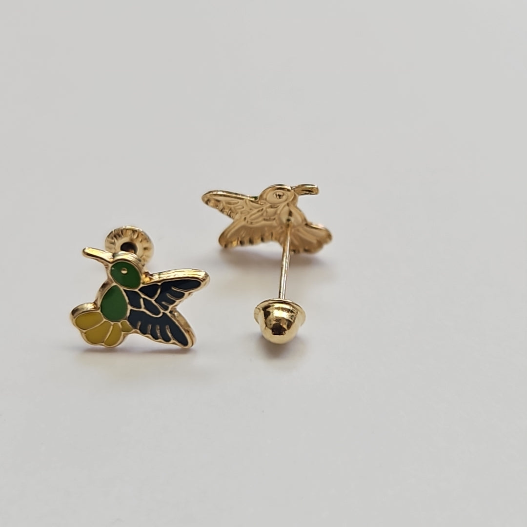 BROQUELES BROQUEL FIG COLIBRI ESMALTE VERDE 14K 0.2138 GR (NUEVO)