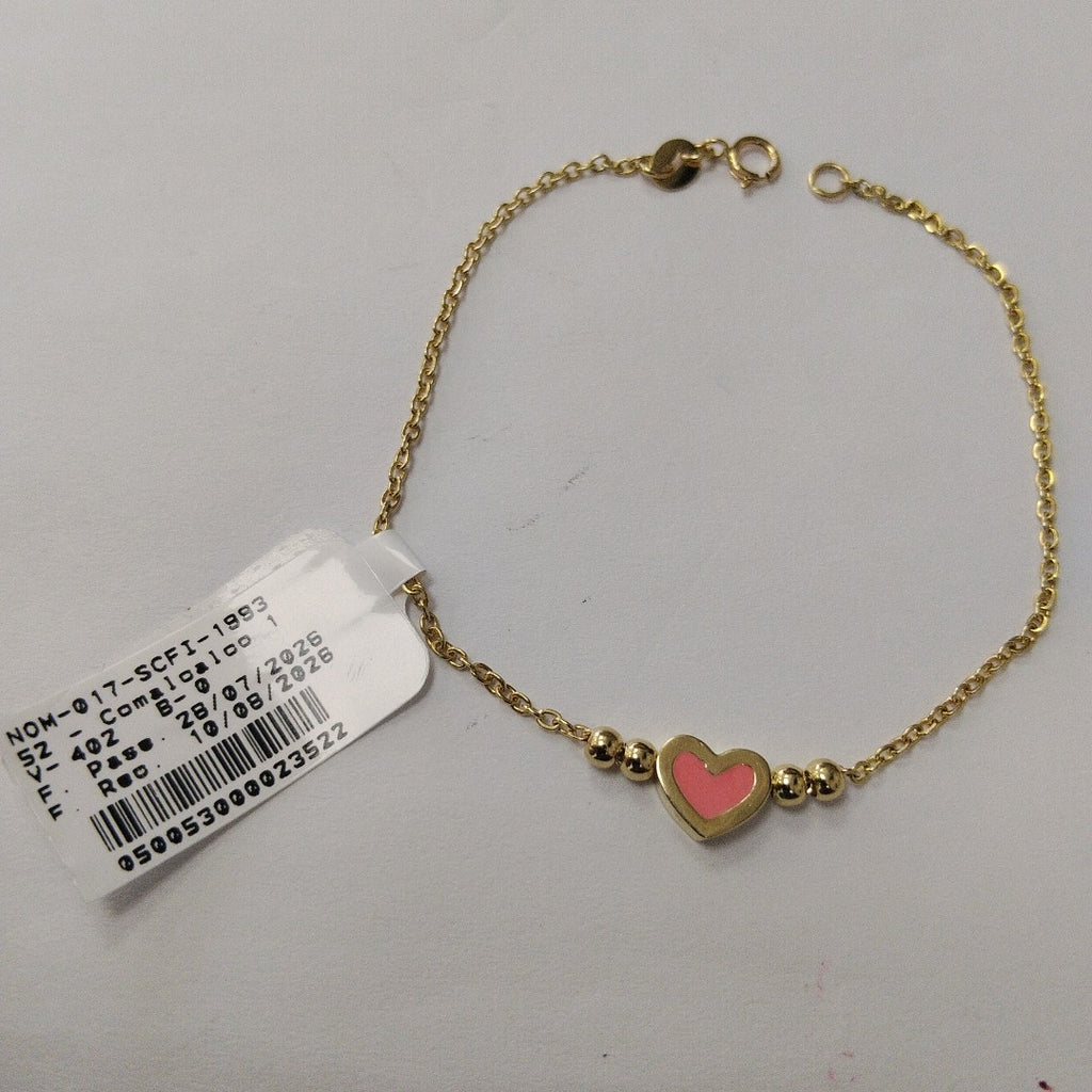 PULSERA TEJIDO ESPECIAL CON FIGURA CORAZON CON ESMALTE ROSA 14K 18 CM 2.1 GR (NUEVO)