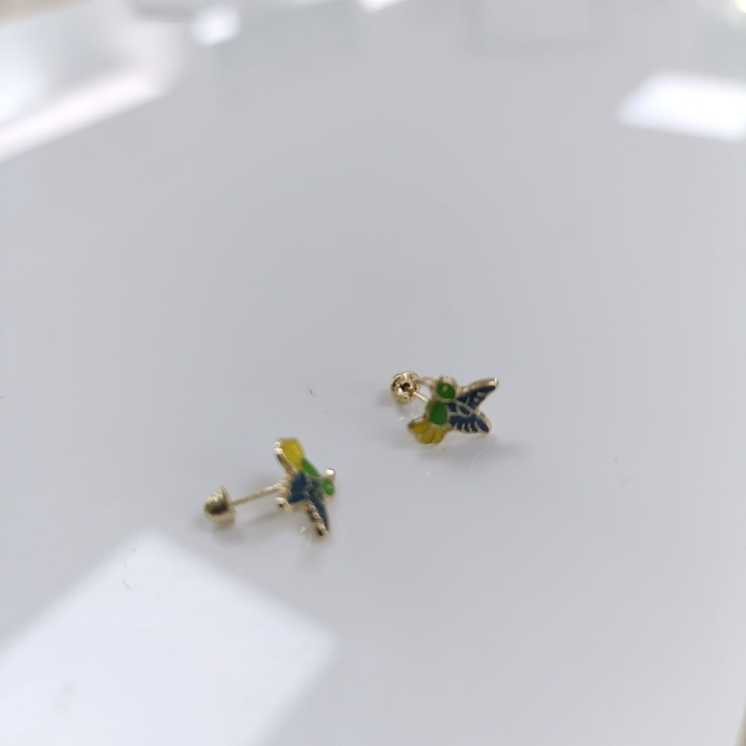 BROQUELES BROQUEL FIG COLIBRI ESMALTE VERDE 14K 0.2138 GR (NUEVO)