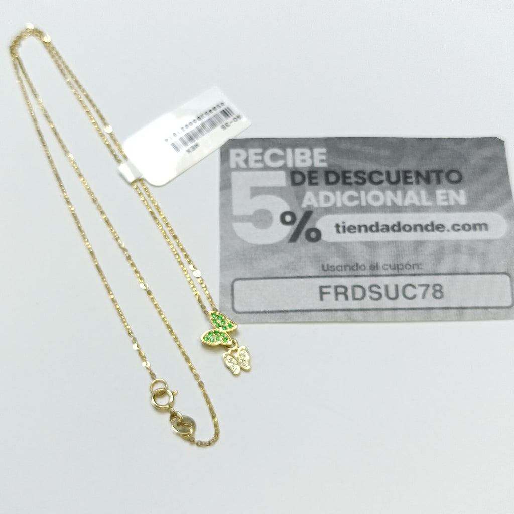 CADENA TEJIDO GARGANTILLA CON DIJE MARIPOSAS CIRCONIAS Y PIEDRAS DE COLOR 14K 45 CM 2 GR (NUEVO)