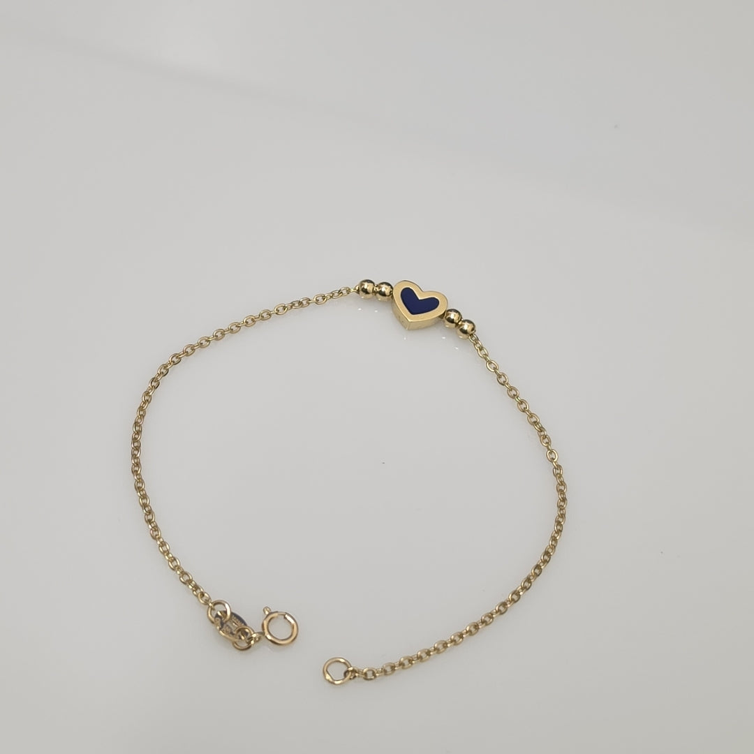 PULSERA TEJIDO ESPECIAL CON FIGURA CORAZON CON ESMALTE AZUL 14K 18 CM 2 GR (NUEVO)