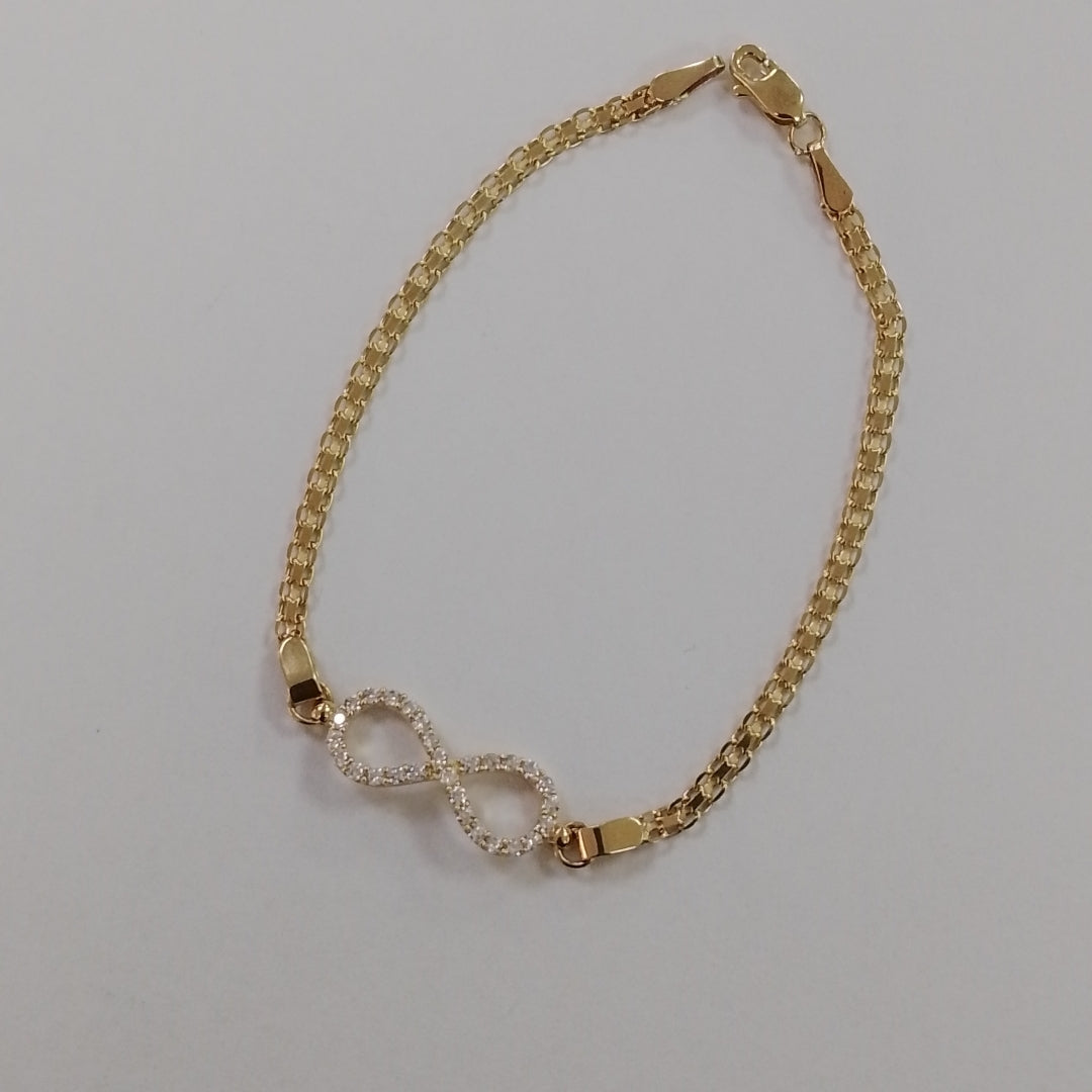 PULSERA TEJIDO ESPECIAL CON INFINITO Y CIRCONIAS 14K 18 CM 3.3 GR (NUEVO)