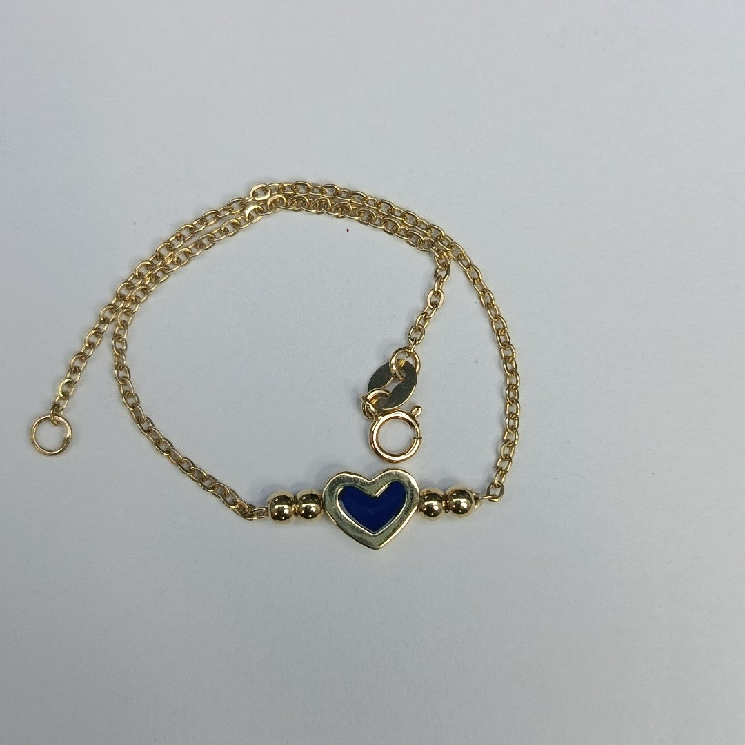PULSERA TEJIDO ESPECIAL CON FIGURA CORAZON CON ESMALTE AZUL 14K 18 CM 2 GR (NUEVO)