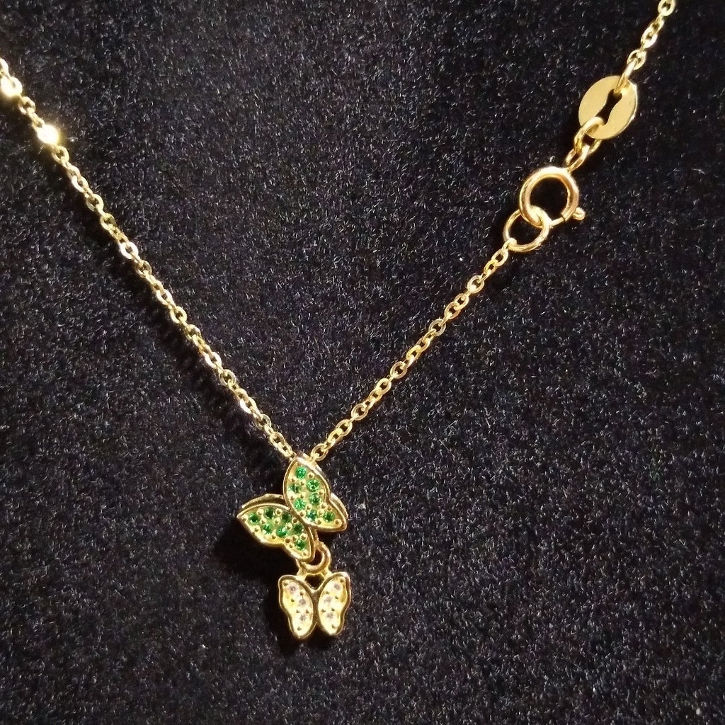 CADENA TEJIDO GARGANTILLA CON DIJE MARIPOSAS CIRCONIAS Y PIEDRAS DE COLOR 14K 45 CM 2 GR (NUEVO)