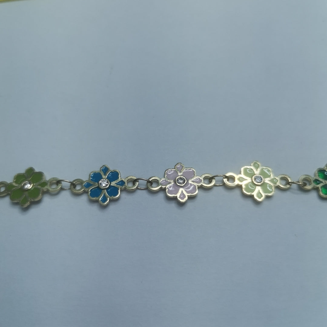 PULSERA ESPECIAL FLORES CON ESMALTE 14K 18 CM 4.5 GR (NUEVO)