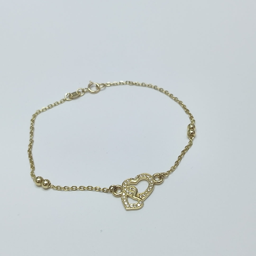 PULSERA TEJIDO ESPECIAL CORAZONES CON CIRCONIAS 14K 18 CM 2.4 GR (NUEVO)