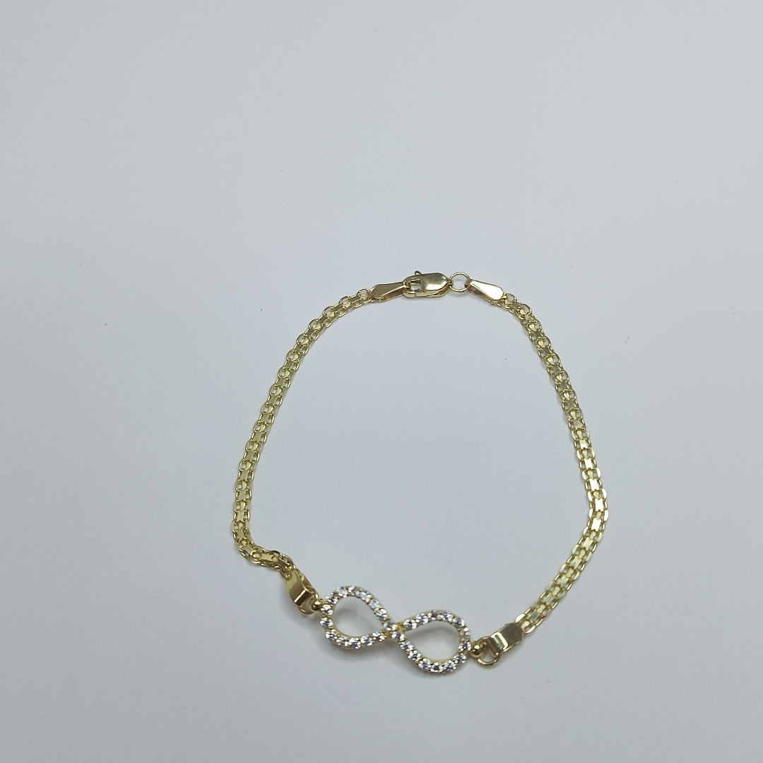PULSERA TEJIDO ESPECIAL CON INFINITO Y CIRCONIAS 14K 18 CM 3.3 GR (NUEVO)