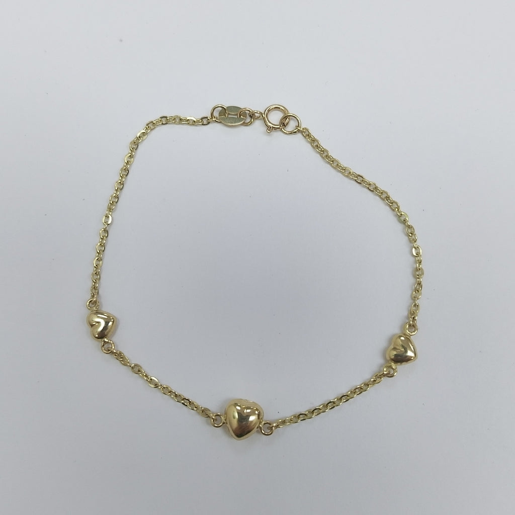 PULSERA TEJIDO ESPECIAL CON CORAZONES 14K 18 CM 1.7 GR (NUEVO)