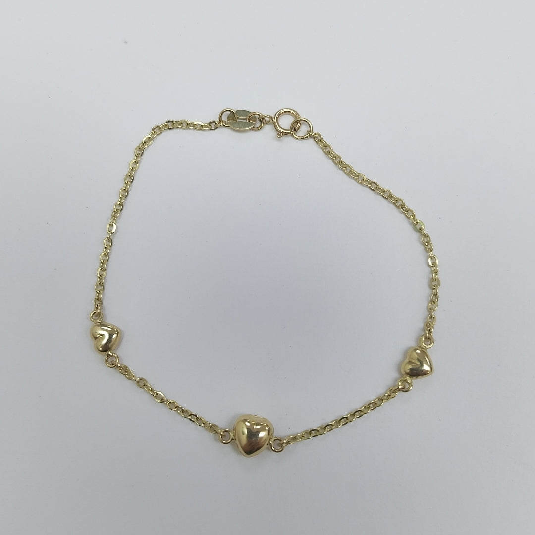 PULSERA TEJIDO ESPECIAL CON CORAZONES 14K 18 CM 1.7 GR (NUEVO)