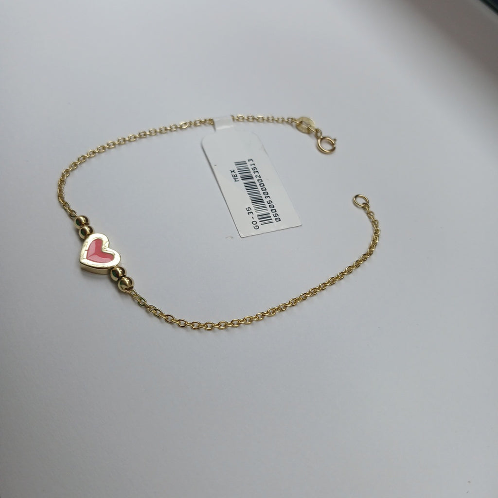 PULSERA TEJIDO ESPECIAL CON FIGURA CORAZON CON ESMALTE ROSA 14K 18 CM 1.9 GR (NUEVO)