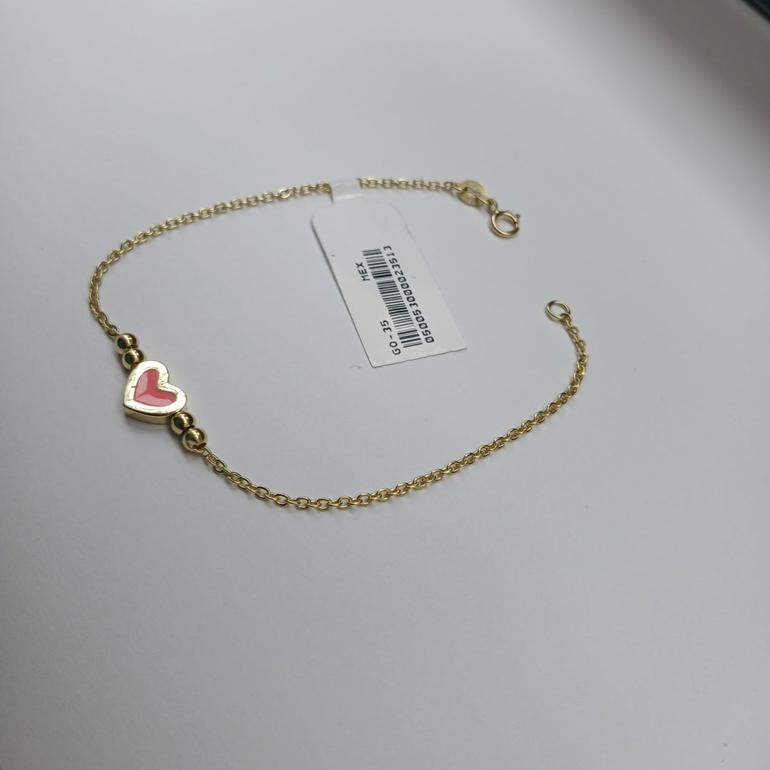 PULSERA TEJIDO ESPECIAL CON FIGURA CORAZON CON ESMALTE ROSA 14K 18 CM 1.9 GR (NUEVO)