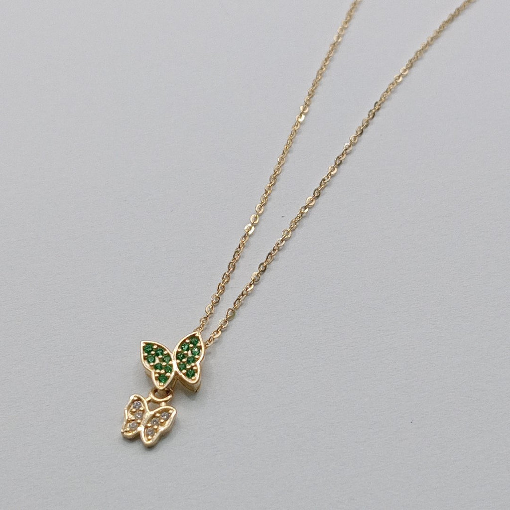 CADENA TEJIDO GARGANTILLA CON DIJE MARIPOSAS CIRCONIAS Y PIEDRAS DE COLOR 14K 45 CM 1.9 GR (NUEVO)