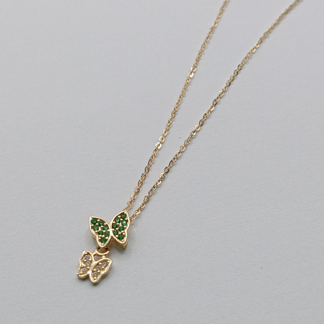 CADENA TEJIDO GARGANTILLA CON DIJE MARIPOSAS CIRCONIAS Y PIEDRAS DE COLOR 14K 45 CM 1.9 GR (NUEVO)
