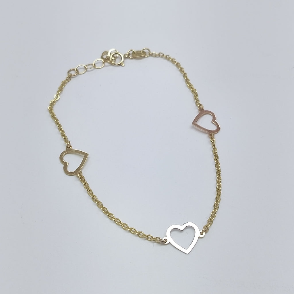 PULSERA ESPECIAL CON CORAZONES CONBINADOS 14K 18 CM 1.7 GR (NUEVO)
