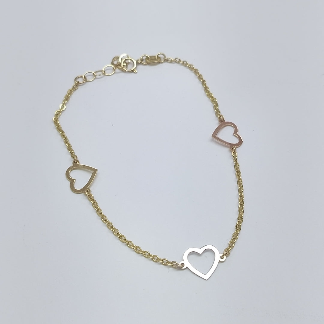 PULSERA ESPECIAL CON CORAZONES CONBINADOS 14K 18 CM 1.7 GR (NUEVO)
