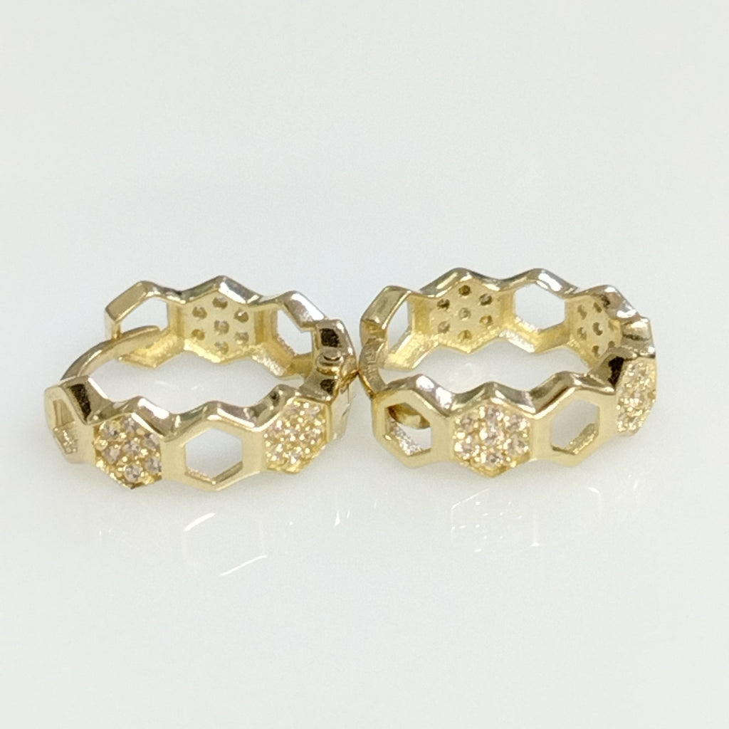 ARETES HUGGIES HEXAGONALES C CIRCONIAS 14K 2.5 GR (NUEVO)