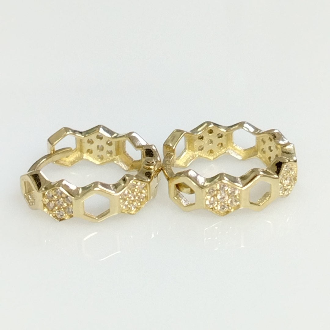 ARETES HUGGIES HEXAGONALES C CIRCONIAS 14K 2.5 GR (NUEVO)