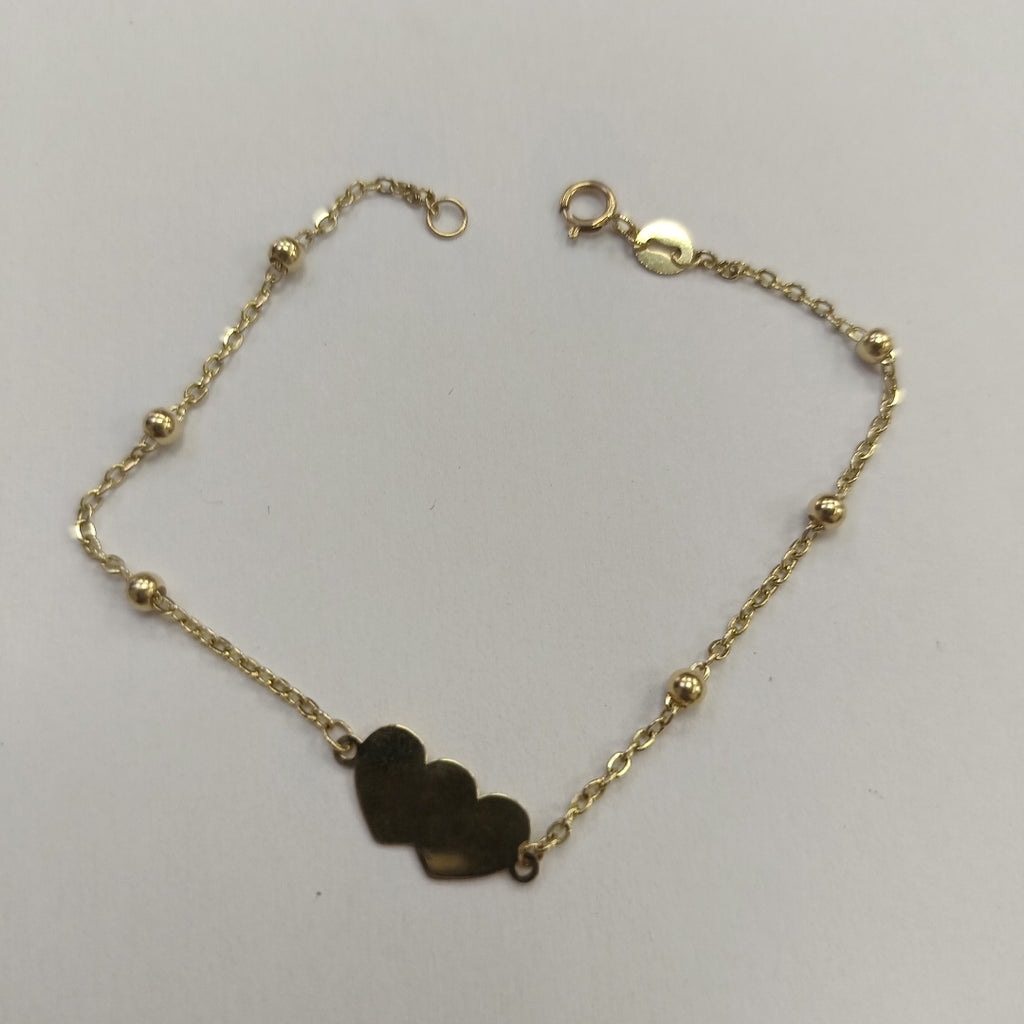 PULSERA TEJIDO ESPECIAL CON DOS CORAZONES 14K 18 CM 1.7 GR (NUEVO)