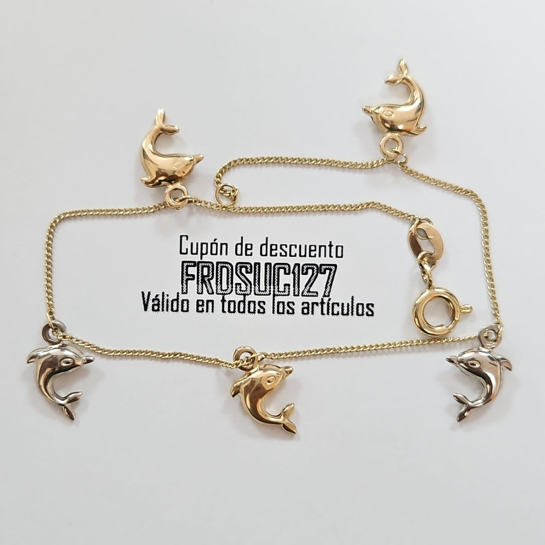 PULSERA ESPECIAL DIJES DELFINES 10K 18 CM 1.8 GR (NUEVO)