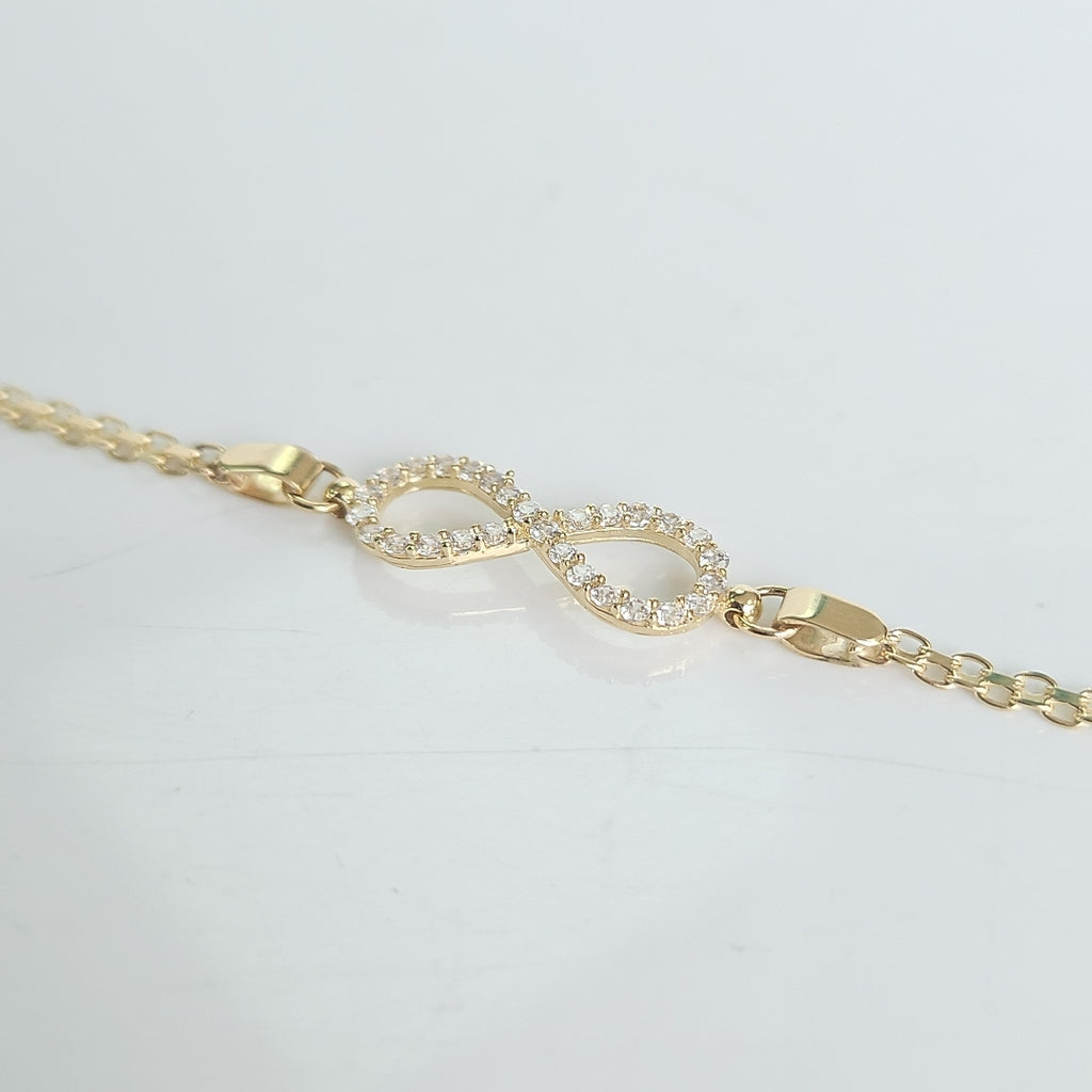PULSERA TEJIDO ESPECIAL CON INFINITO Y CIRCONIAS 14K 18 CM 3.3 GR (NUEVO)