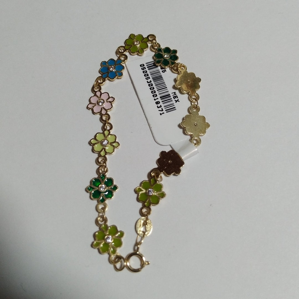 PULSERA ESP CON FIG FLOR ESMALTADA CON CIRCONIA 14K 18 CM 4.6 GR (NUEVO)