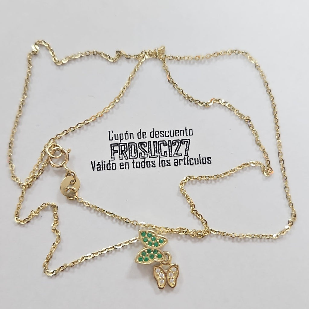 CADENA TEJIDO GARGANTILLA CON DIJE MARIPOSAS CIRCONIAS Y PIEDRAS DE COLOR 14K 45 CM 2 GR (NUEVO)