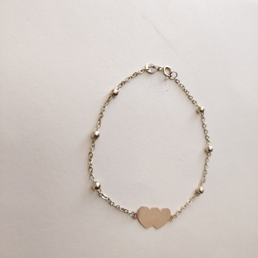 PULSERA TEJIDO ESPECIAL CON DOS CORAZONES 14K 18 CM 1.7 GR (NUEVO)