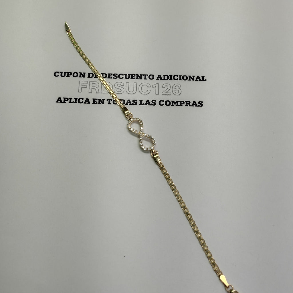 PULSERA TEJIDO ESPECIAL CON INFINITO Y CIRCONIAS 14K 18 CM 3.4 GR (NUEVO)