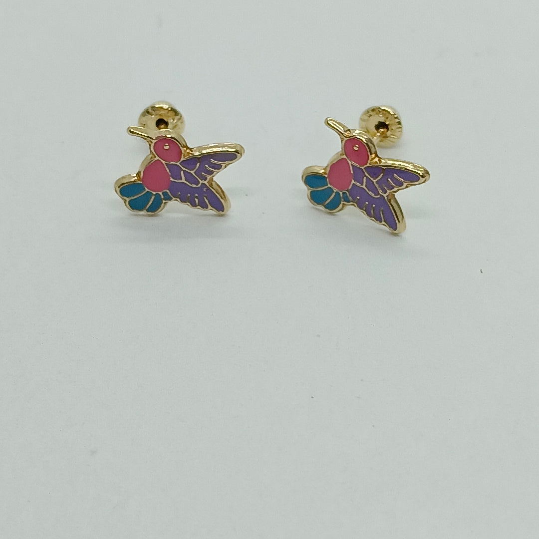 BROQUELES BROQUEL FIG COLIBRI ESMALTE ROSA 14K 0.2138 GR (NUEVO)