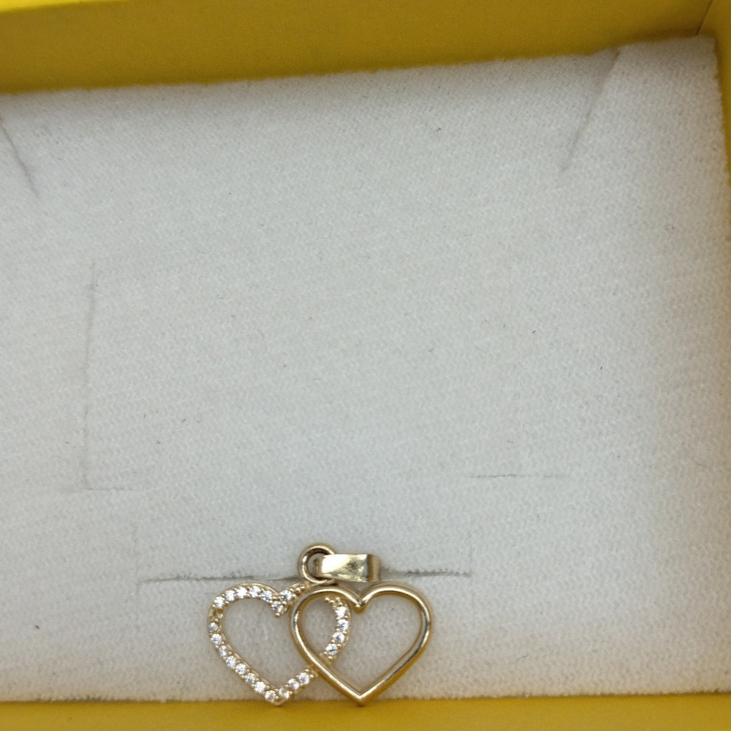 DIJE TEJIDO DOS CORAZONES CON CIRCONIAS 14K 1.4 GR (NUEVO)