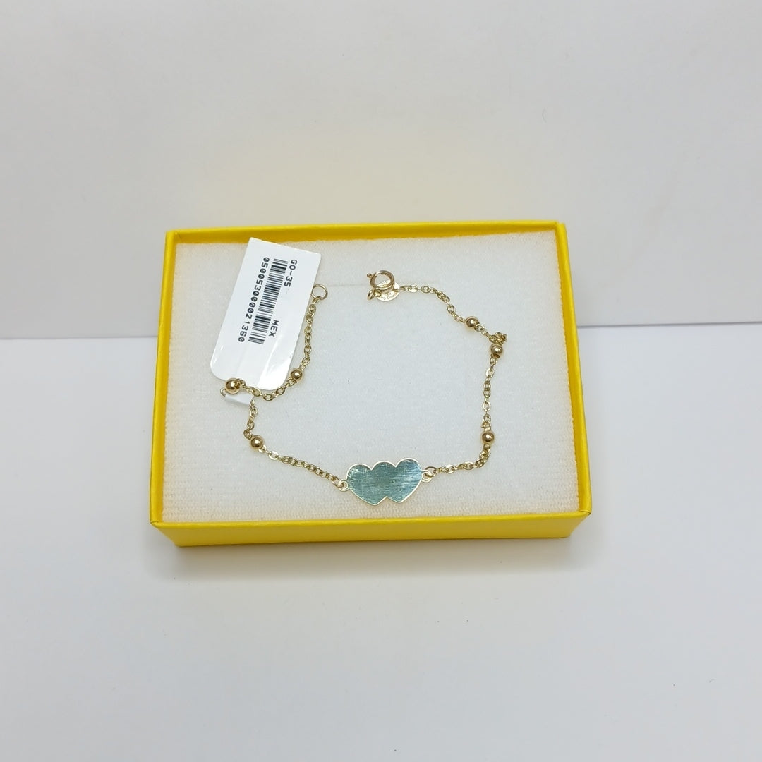 PULSERA TEJIDO ESPECIAL CON DOS CORAZONES 14K 18 CM 1.7 GR (NUEVO)