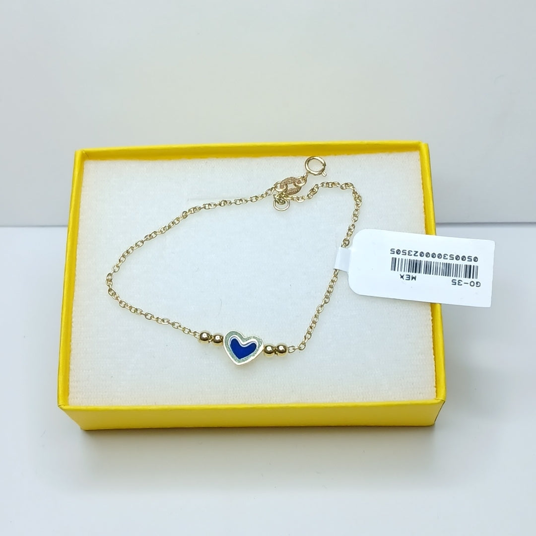 PULSERA TEJIDO ESPECIAL CON FIGURA CORAZON CON ESMALTE AZUL 14K 18 CM 2 GR (NUEVO)