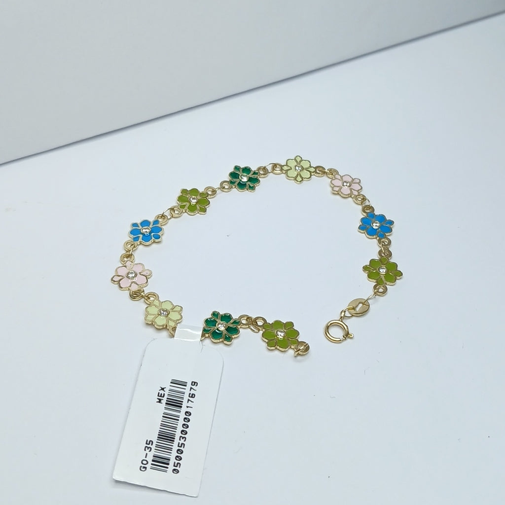 PULSERA ESPECIAL FLORES CON ESMALTE 14K 18 CM 4.5 GR (NUEVO)