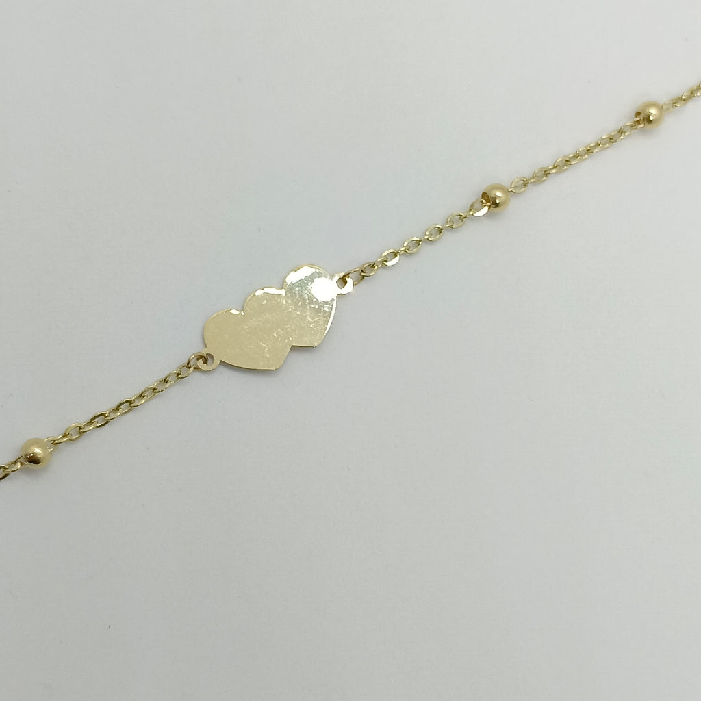 PULSERA TEJIDO ESPECIAL CON DOS CORAZONES 14K 18 CM 1.8 GR (NUEVO)