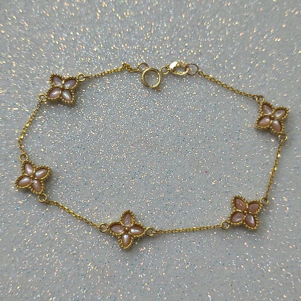 PULSERA ESPECIAL DIJES FLOR PIEDRA COLOR 10K 18 CM 3.2 GR (NUEVO)