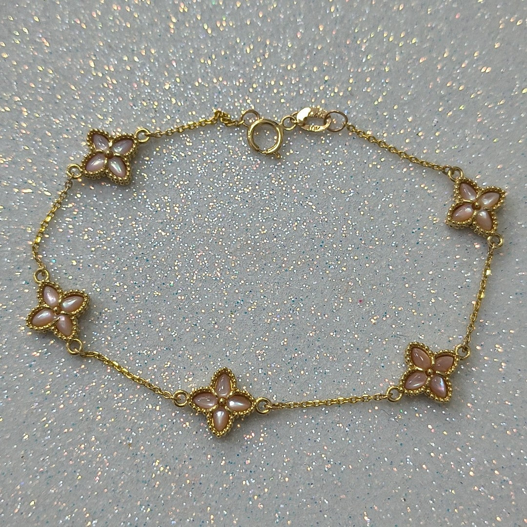 PULSERA ESPECIAL DIJES FLOR PIEDRA COLOR 10K 18 CM 3.2 GR (NUEVO)