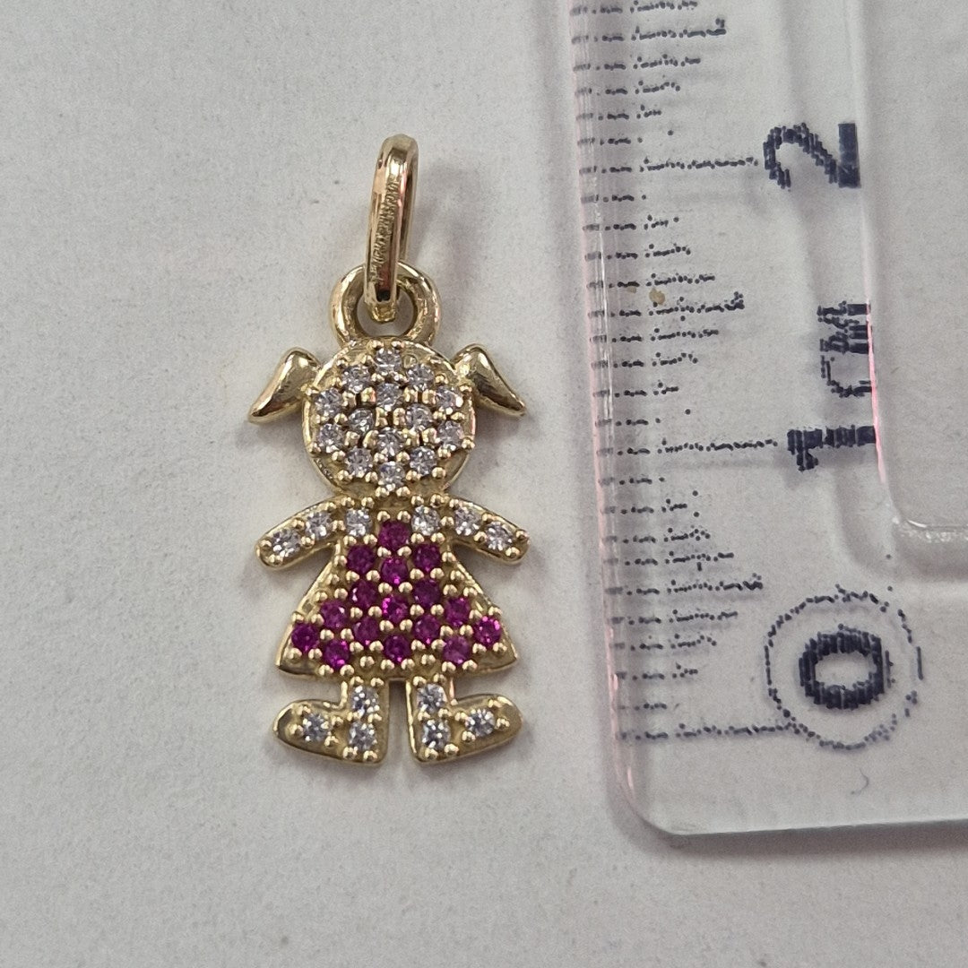 DIJE NIÑA CON CIRCONIAS Y PIEDRAS DE COLOR 10K 1.1 GR (NUEVO)